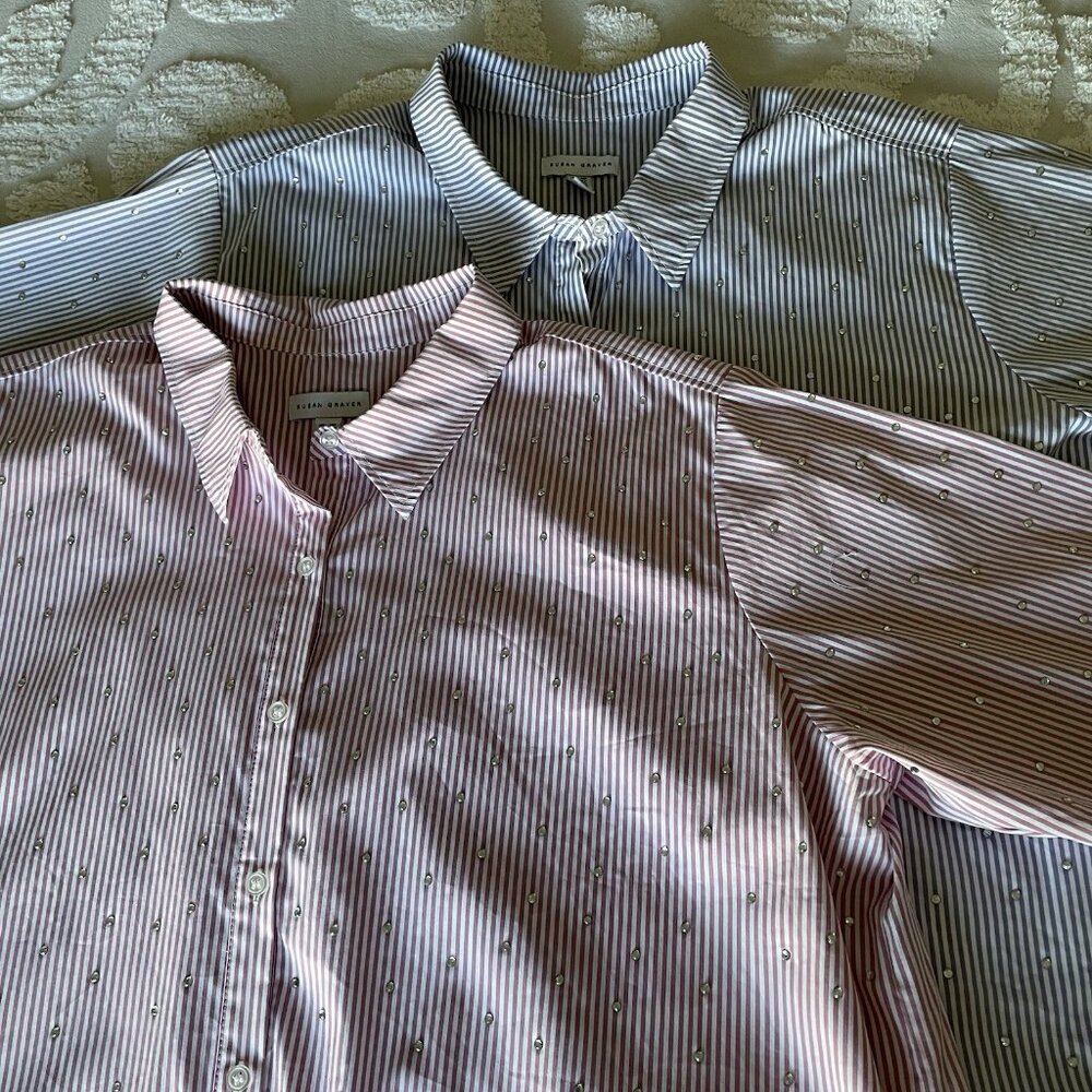 Susan Graver 2 Item Bundle 1XP Button Up Blouse Tops Pin Stripes & Rhinestones